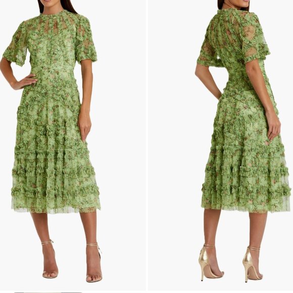 NWT Mac Duggal Floral Flutter Sleeve Mesh Print Dress - Sage Multi - size 8 - Picture 4 of 8